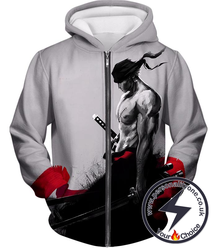 One Piece Straw Hats Swordsman Bounty Hunter Zoro Cool White Zip Up Hoodie